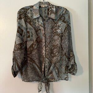 Sheer Blouse in Blue Print with Tie Front in M